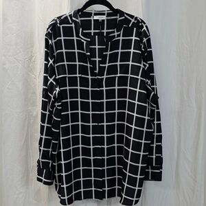 Calvin Klein 2X 18/20 Black White Geometric Chiffon Button Down Shirt Top Blouse